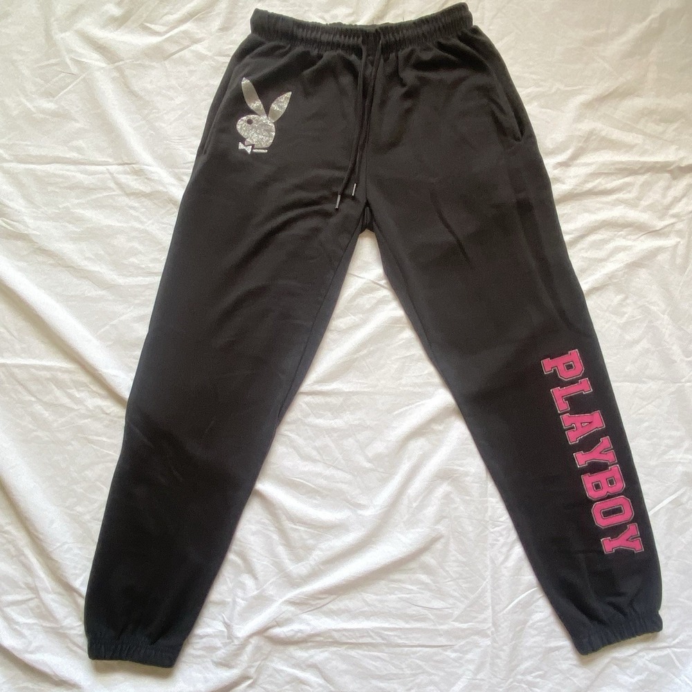Playboy Black Joggers Pink Glitter PLAYBOY Bunny Sweatpants Size Small